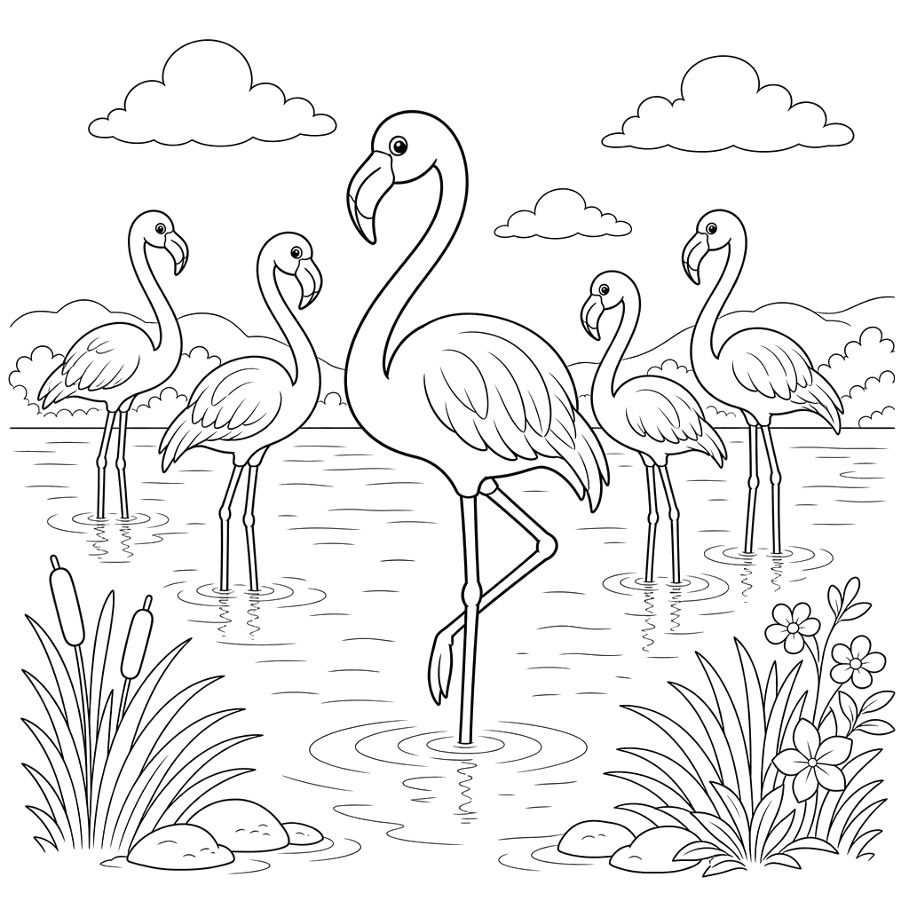 Flamingo Lake Coloring Page