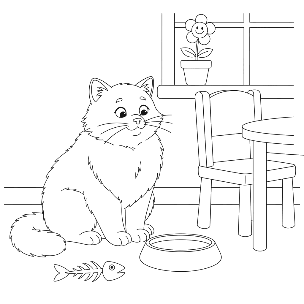 Fluffy Cat Breakfast Coloring Page