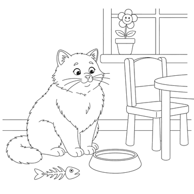 Fluffy Cat Breakfast Coloring Page
