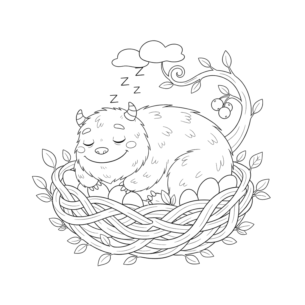 Fluffy Monster Sleeping in a Nest Coloring Page
