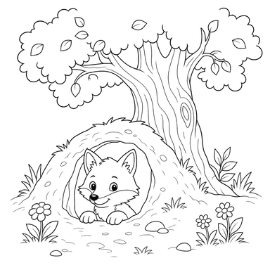 Fox in burrow under tree coloring page