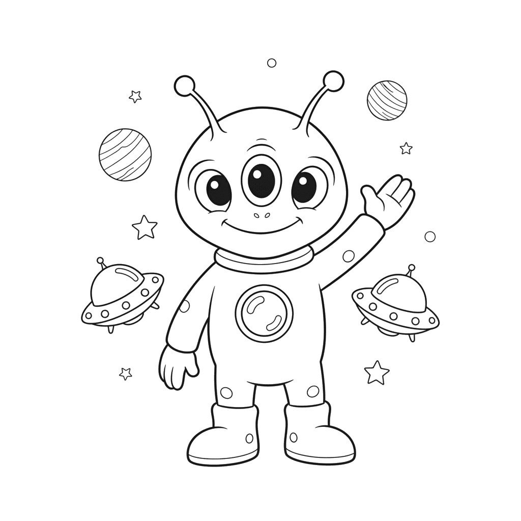 Friendly Alien Waving Coloring Page