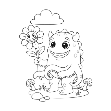 Friendly Monster with a Flower Coloring Page