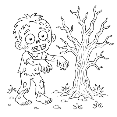 Friendly Zombie and Dry Tree Coloring Page