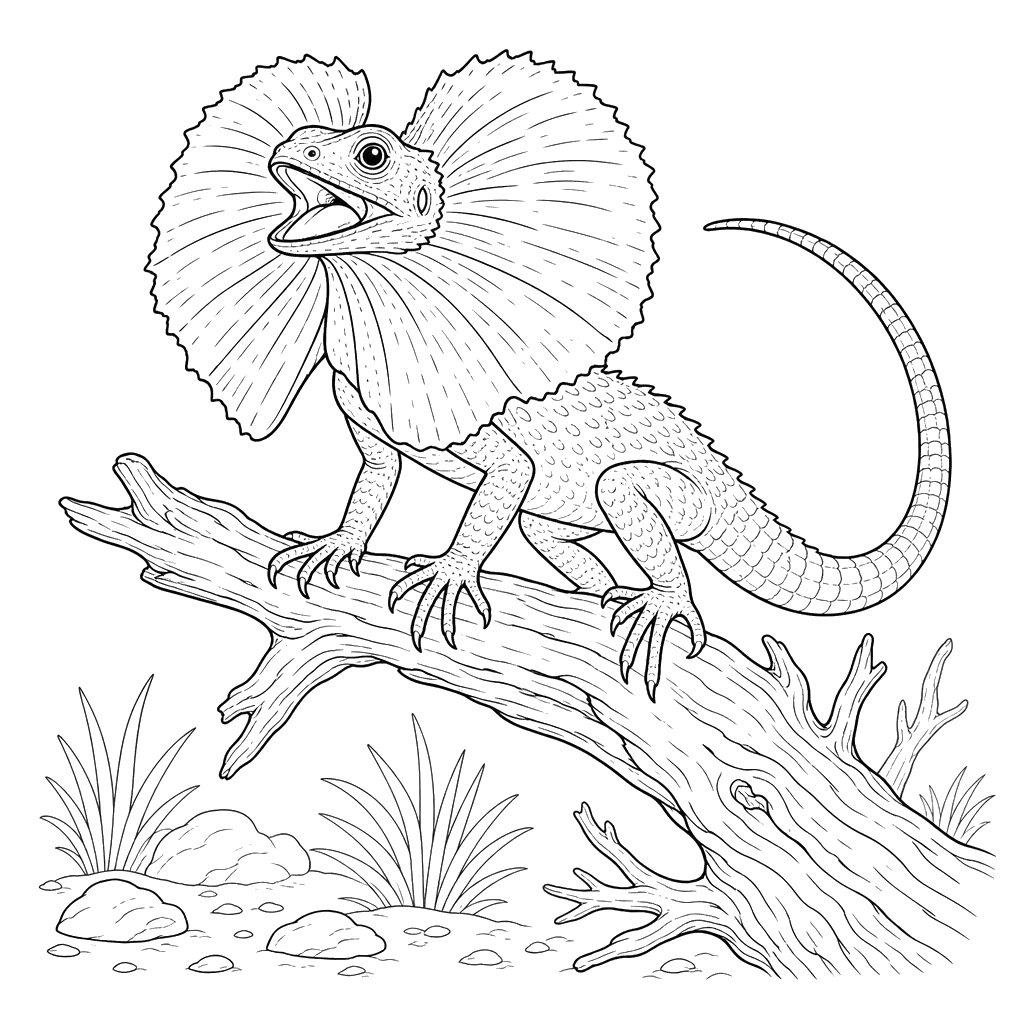 Frilled Lizard on a Branch Coloring Page