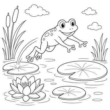 Frog Jumping Between Lily Pads — Coloring Page