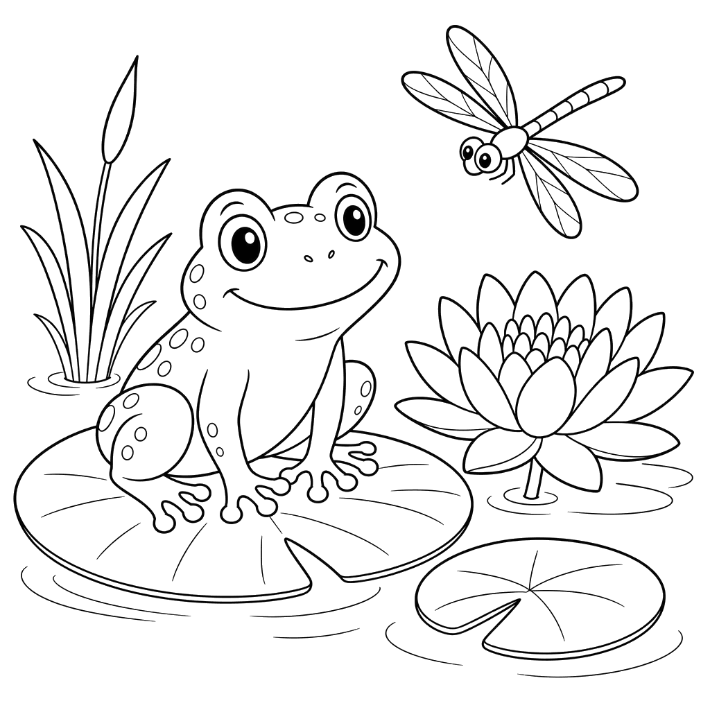 Frog by a Lily and Dragonfly coloring page