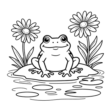 Frog by a Pond with Daisies Coloring Page