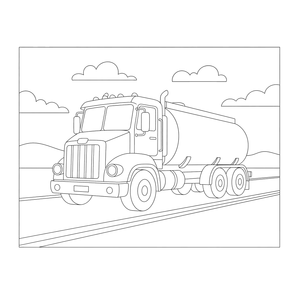 Fuel Truck on Highway Coloring Page