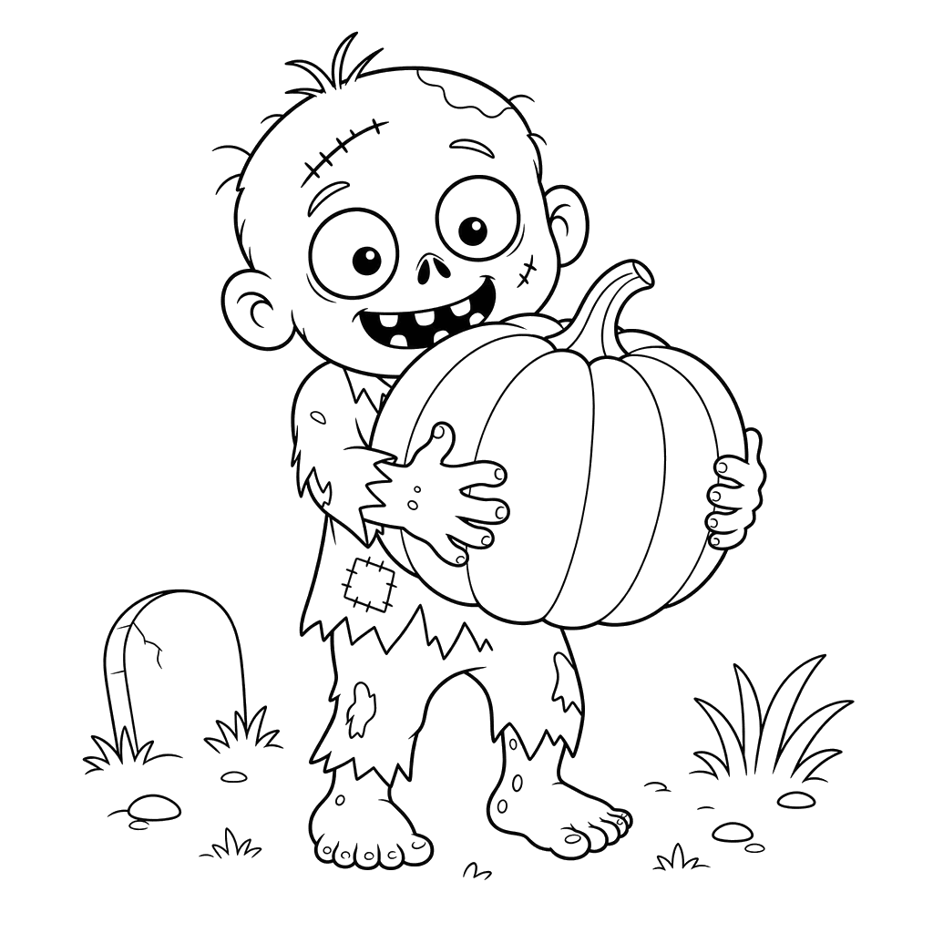 Funny Zombie with Pumpkin Coloring Page