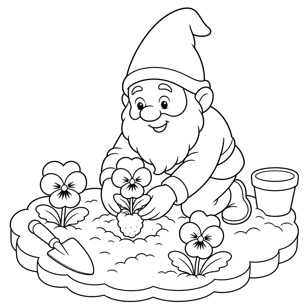 Garden Gnome Planting Pansies Coloring Page