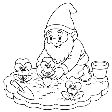 Garden Gnome Planting Pansies Coloring Page