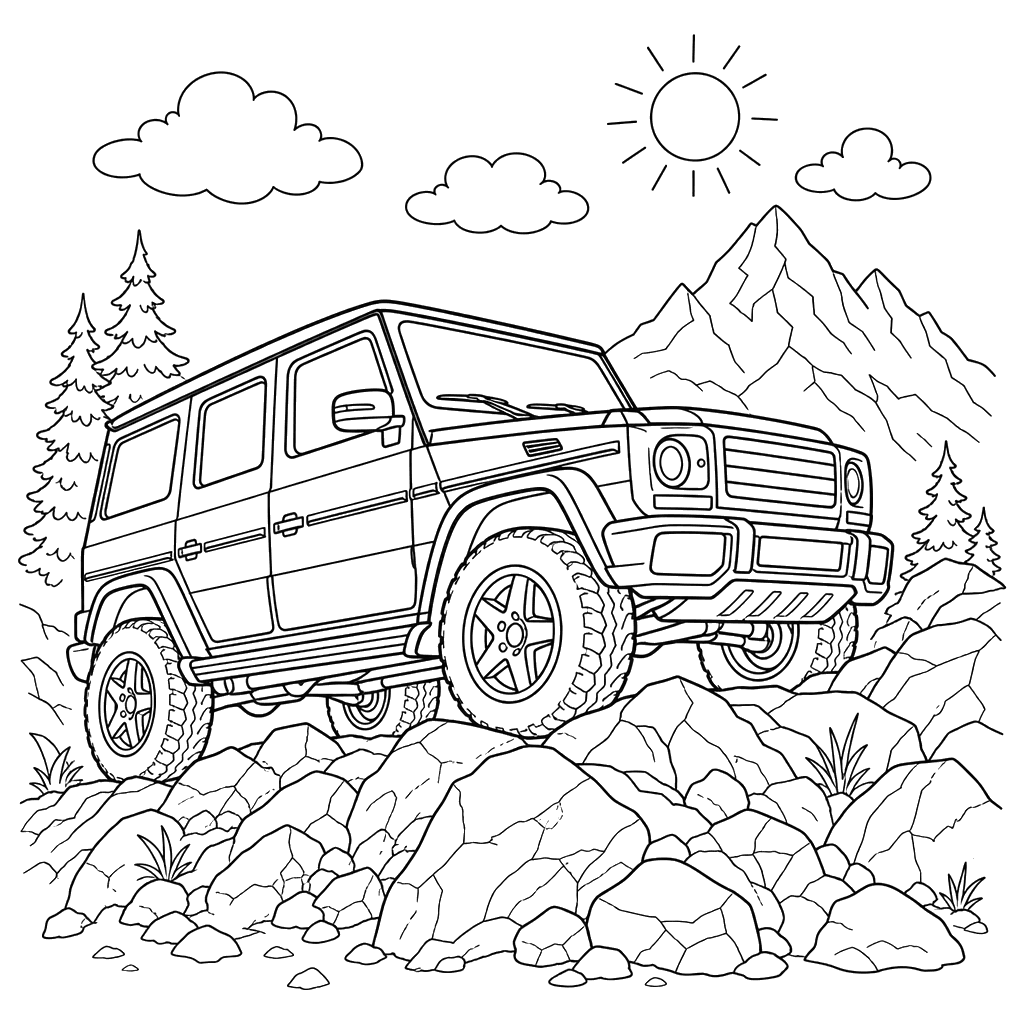 Geländewagen Climbing Mountain Coloring Page