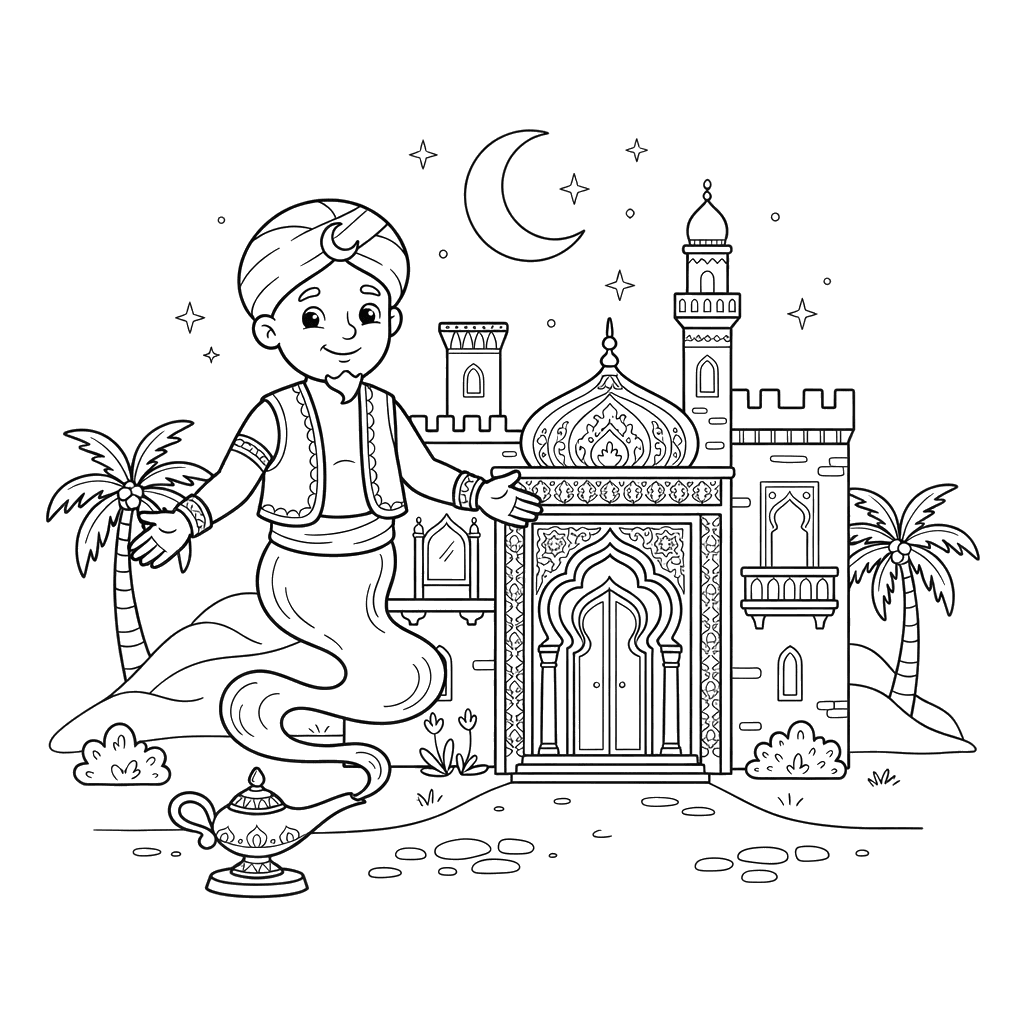 Genie at the Ancient Palace Coloring Page