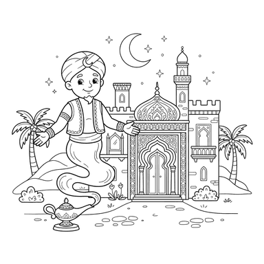 Genie at the Ancient Palace Coloring Page