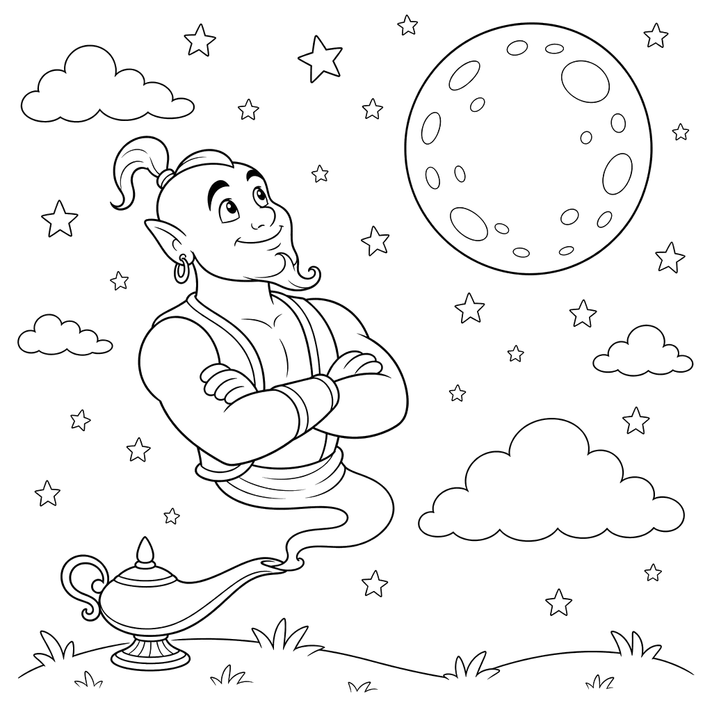Genie and the Full Moon Coloring Page