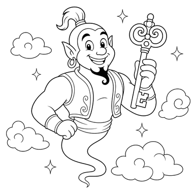 Genie with Old Key Coloring Page