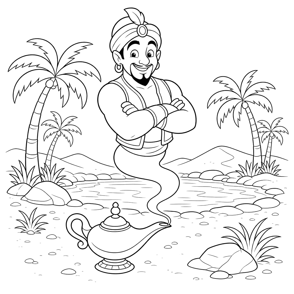 Friendly Genie in an Oasis Coloring Page