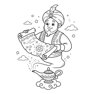 Genie with a Magic Scroll Coloring Page