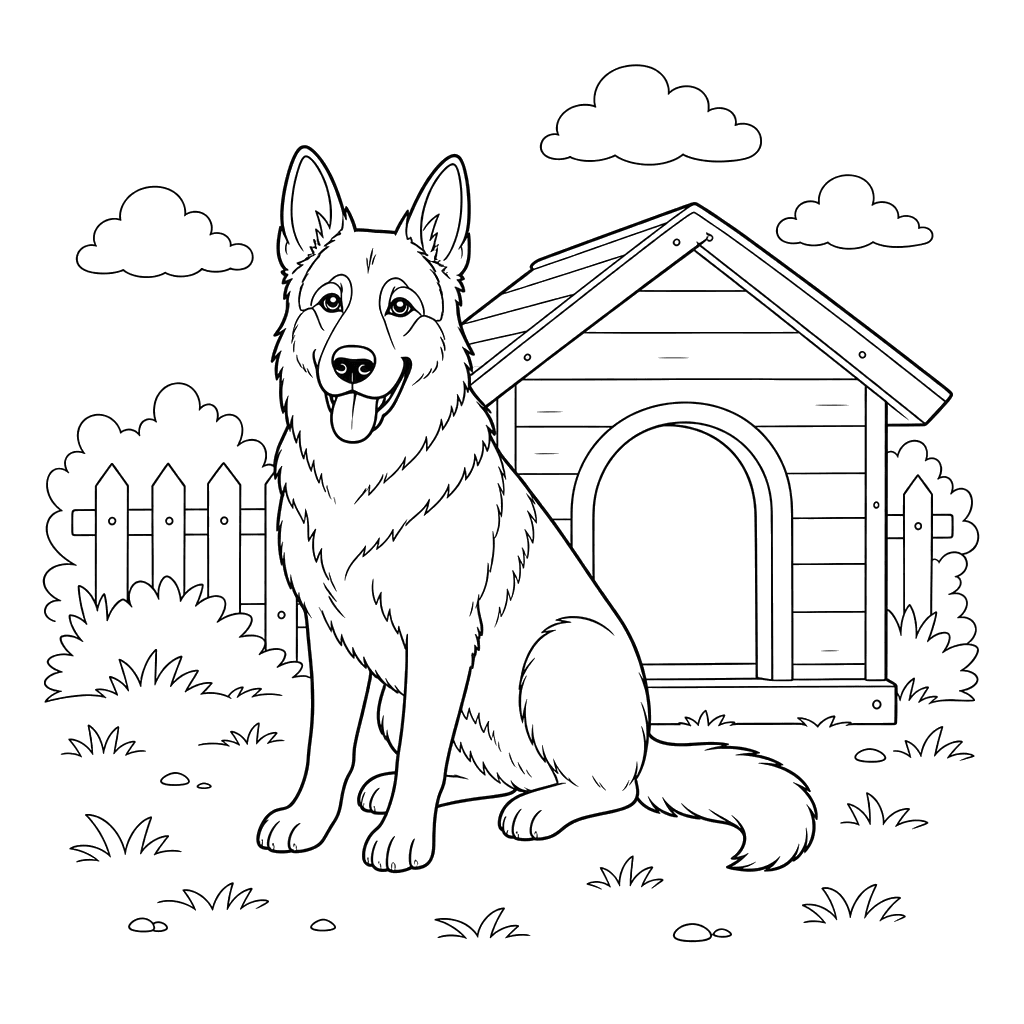 German Shepherd by the Doghouse — Coloring Page