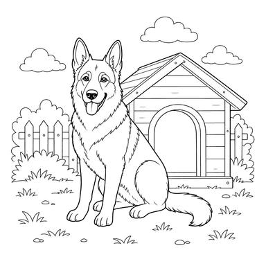 German Shepherd by the Doghouse — Coloring Page