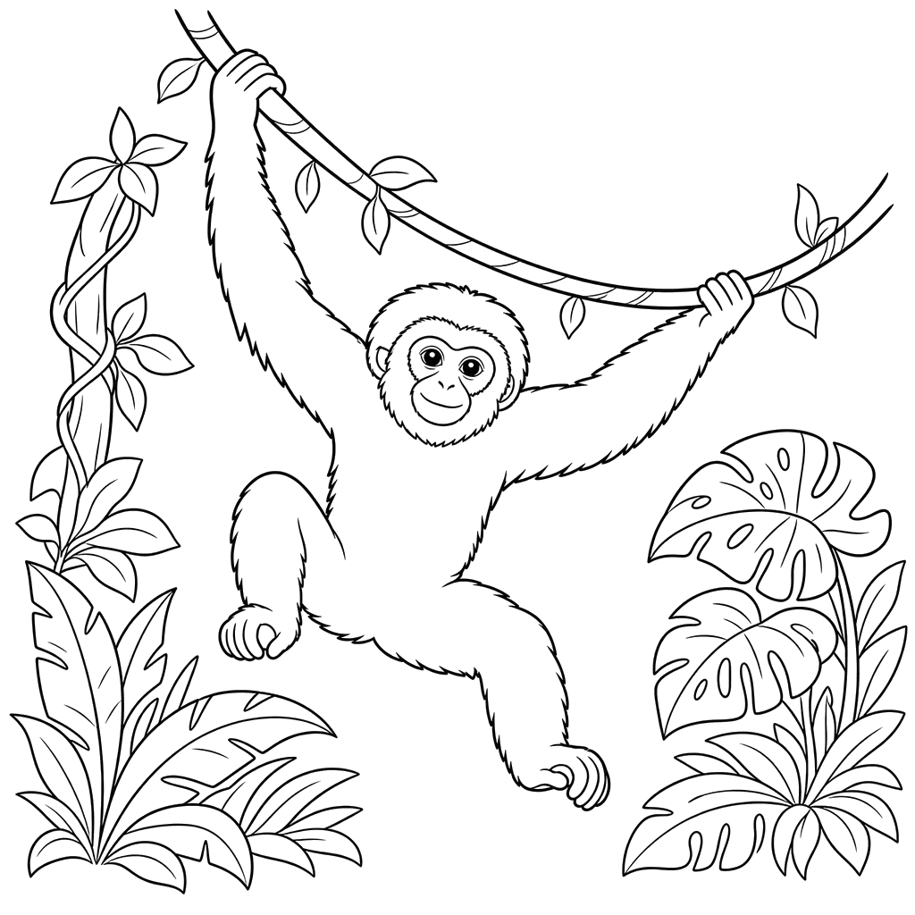 Gibbon Swinging on a Vine Coloring Page