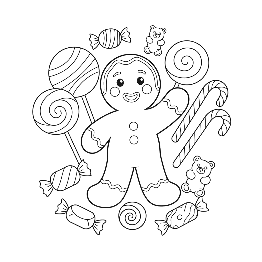 Gingerbread Man and Candies Coloring Page