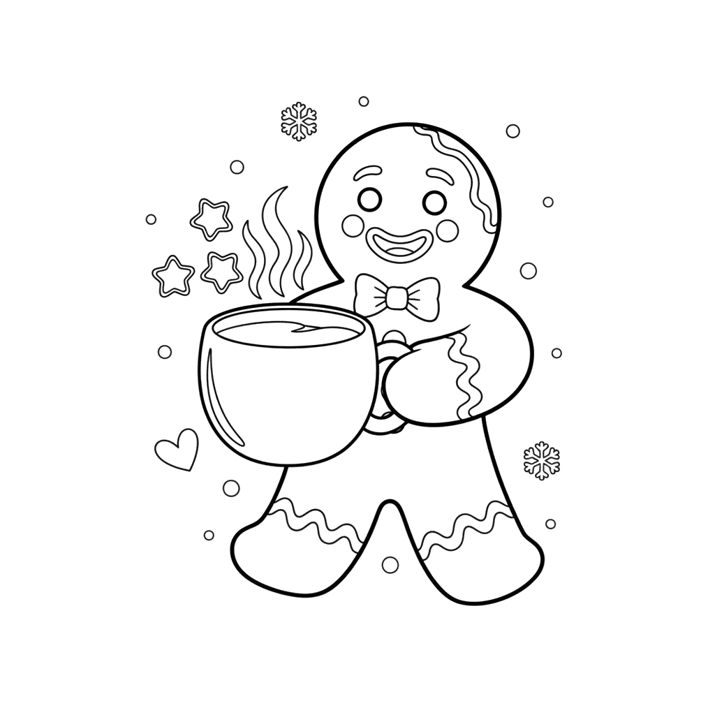 Gingerbread Man with Milk Cup Coloring Page