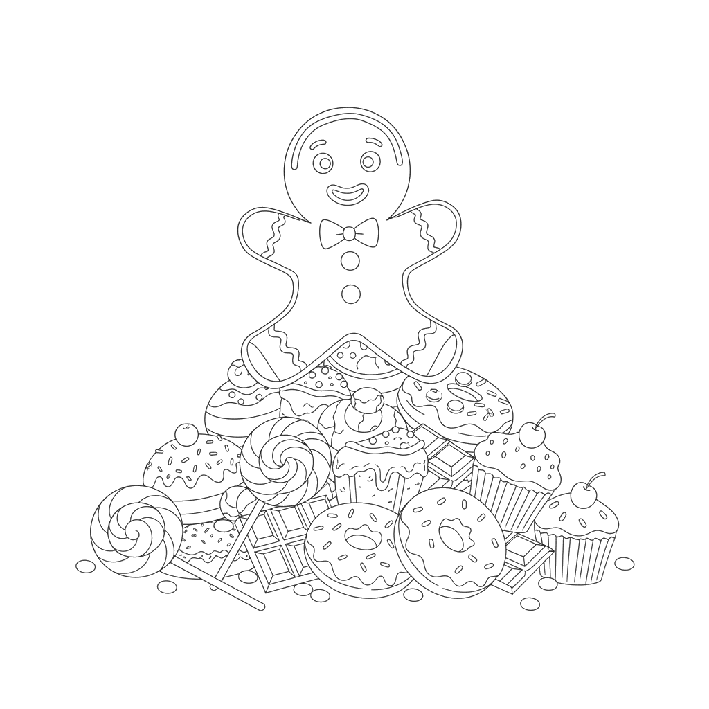 Gingerbread Man on Sweets Coloring Page