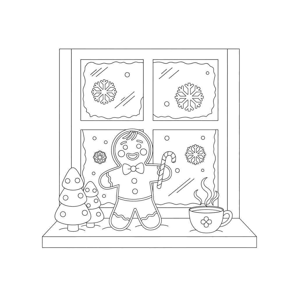 Gingerbread Man on a Winter Window Coloring Page