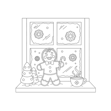 Gingerbread Man on a Winter Window Coloring Page