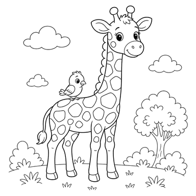Giraffe and Little Bird Coloring Page