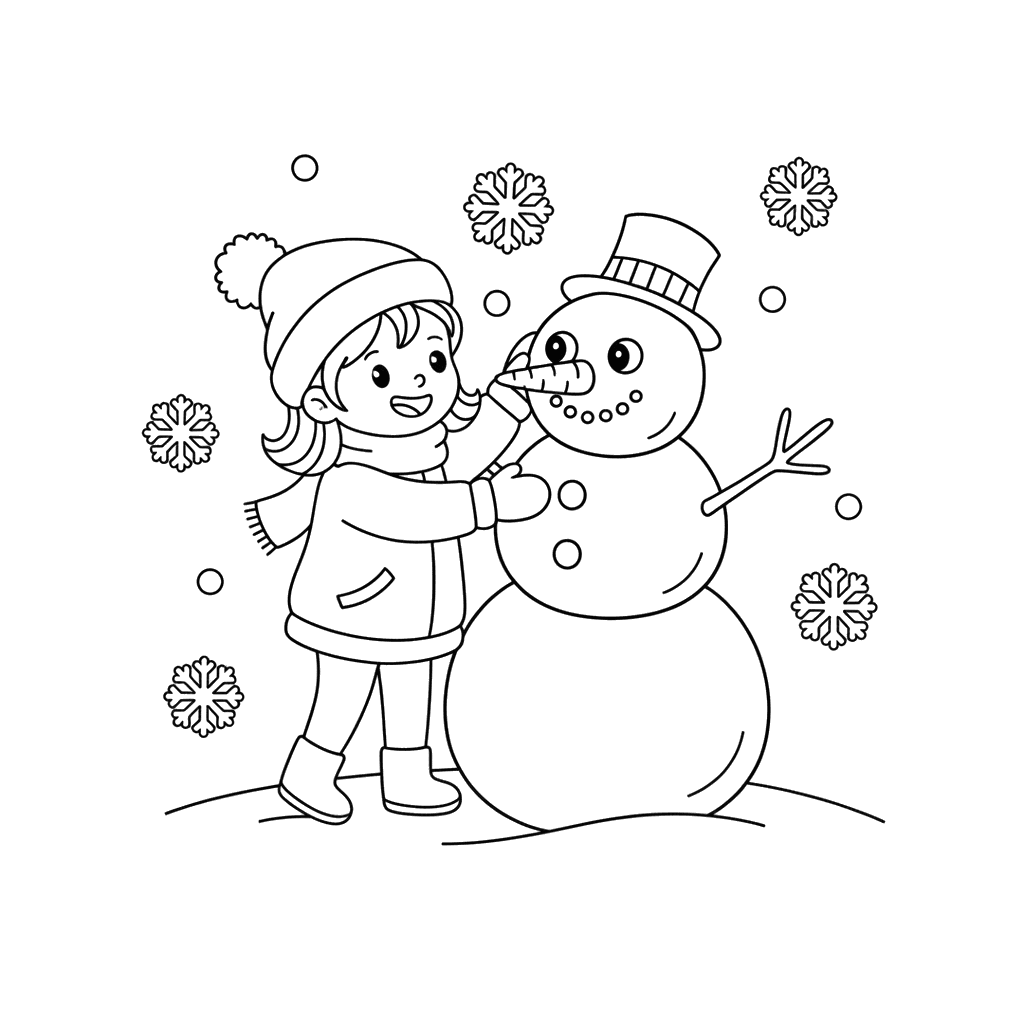 Girl Building a Snowman Coloring Page