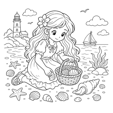 Girl with Long Hair Collecting Seashells