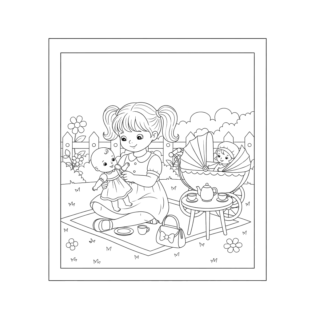 Girl Playing with Dolls Outdoor Coloring Page