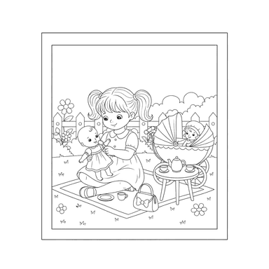 Girl Playing with Dolls Outdoor Coloring Page