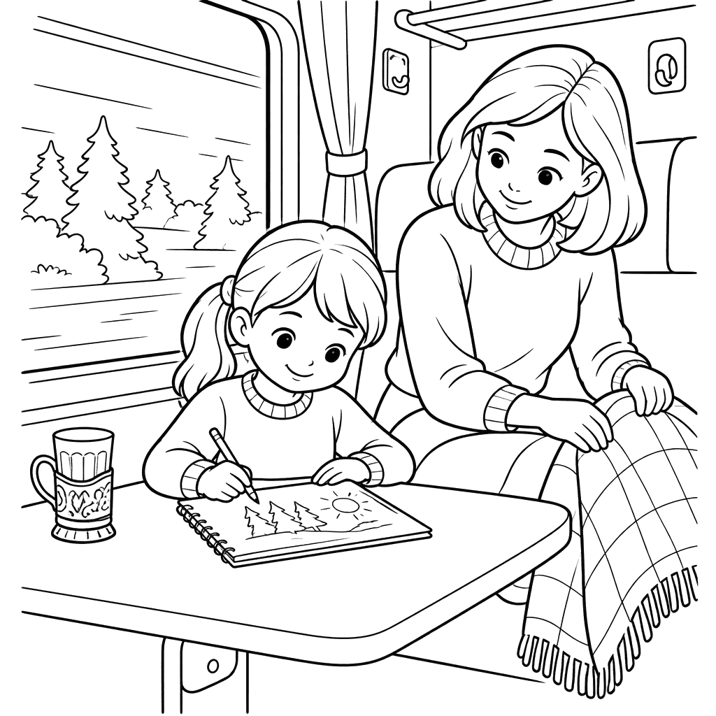 Girl Drawing on a Train Coloring Page