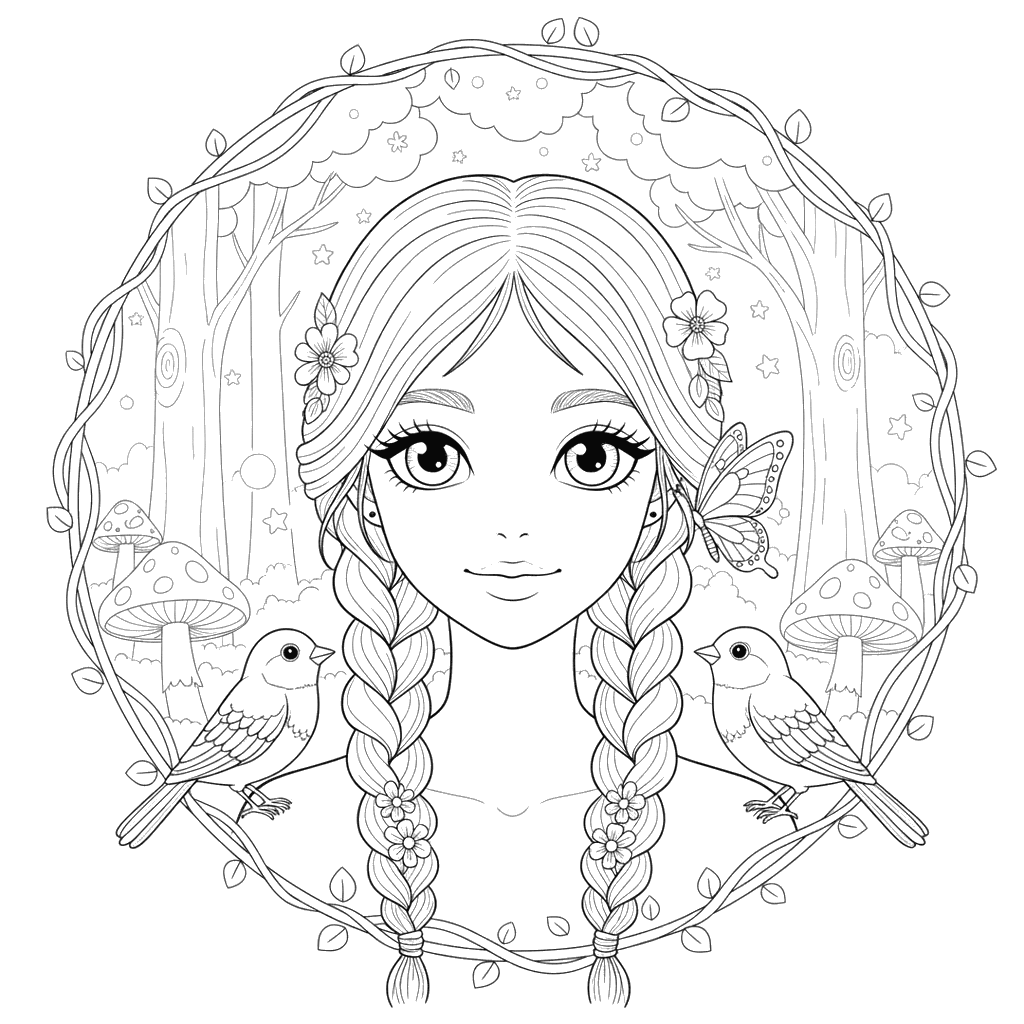 Girl's Face with Pigtails Coloring Page
