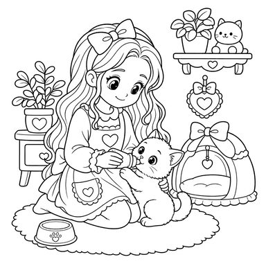 Girl feeding kitten coloring page