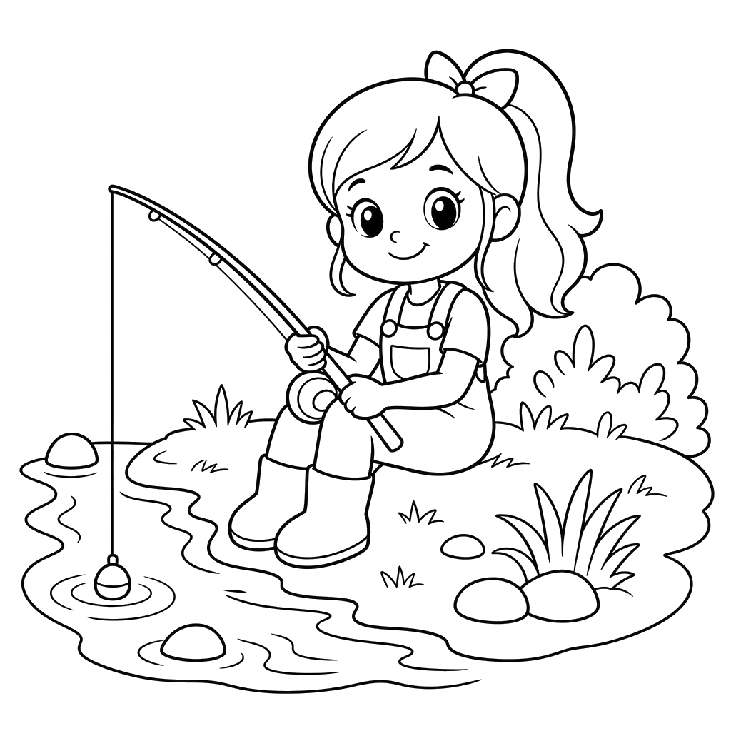 Anime girl by the river with a fishing rod