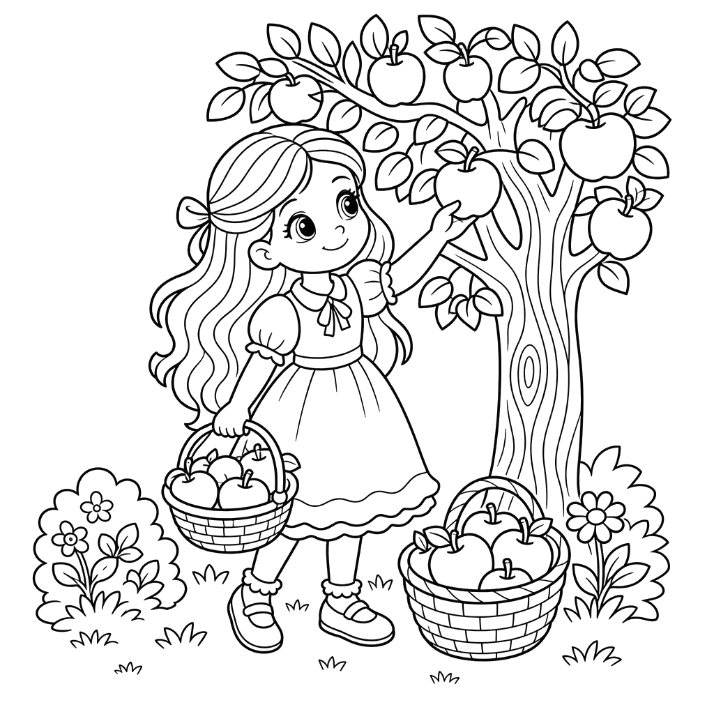 Girl Gathering Apples Coloring Page