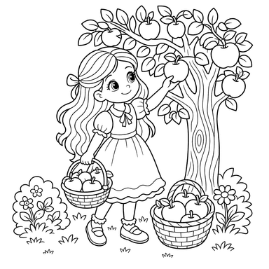 Girl Gathering Apples Coloring Page