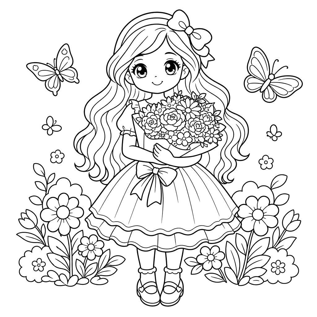 Girl with Long Hair and Bouquet