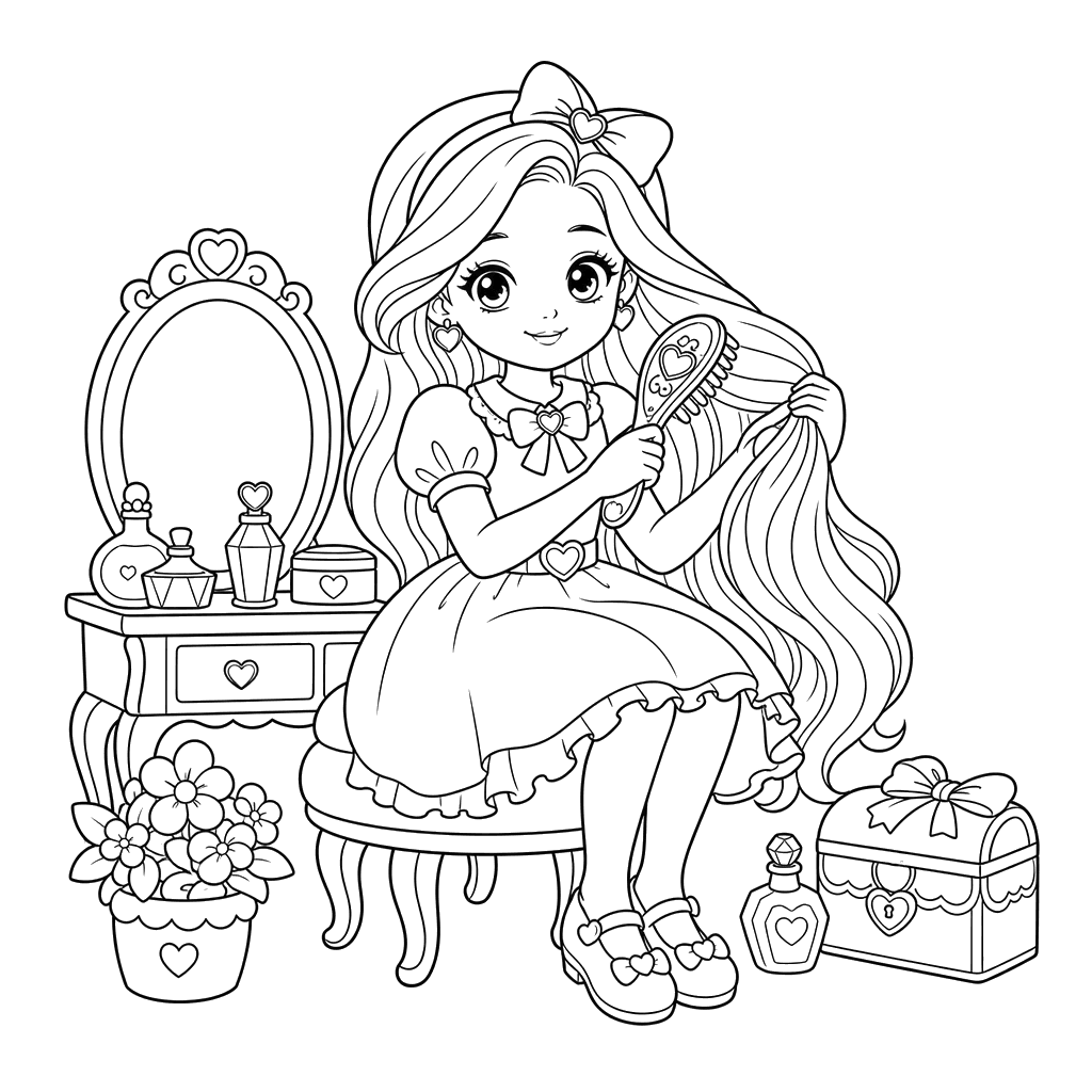 Long-Haired Girl with Comb — Coloring Page