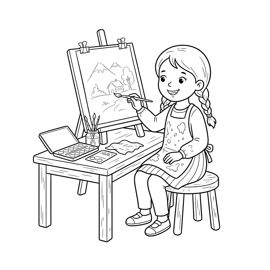 Girl Painting with Watercolors Coloring Page