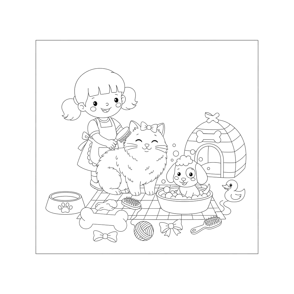 Girl Grooming Cat or Washing Puppy Coloring Page