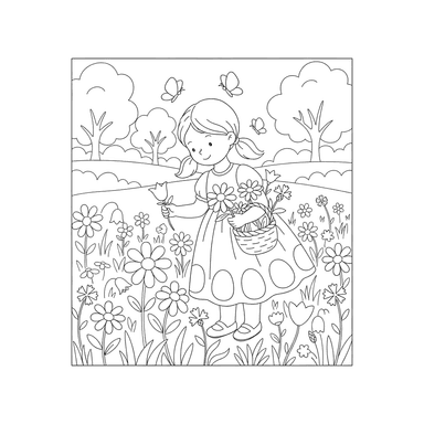 Girl Picking Wildflowers Coloring Page