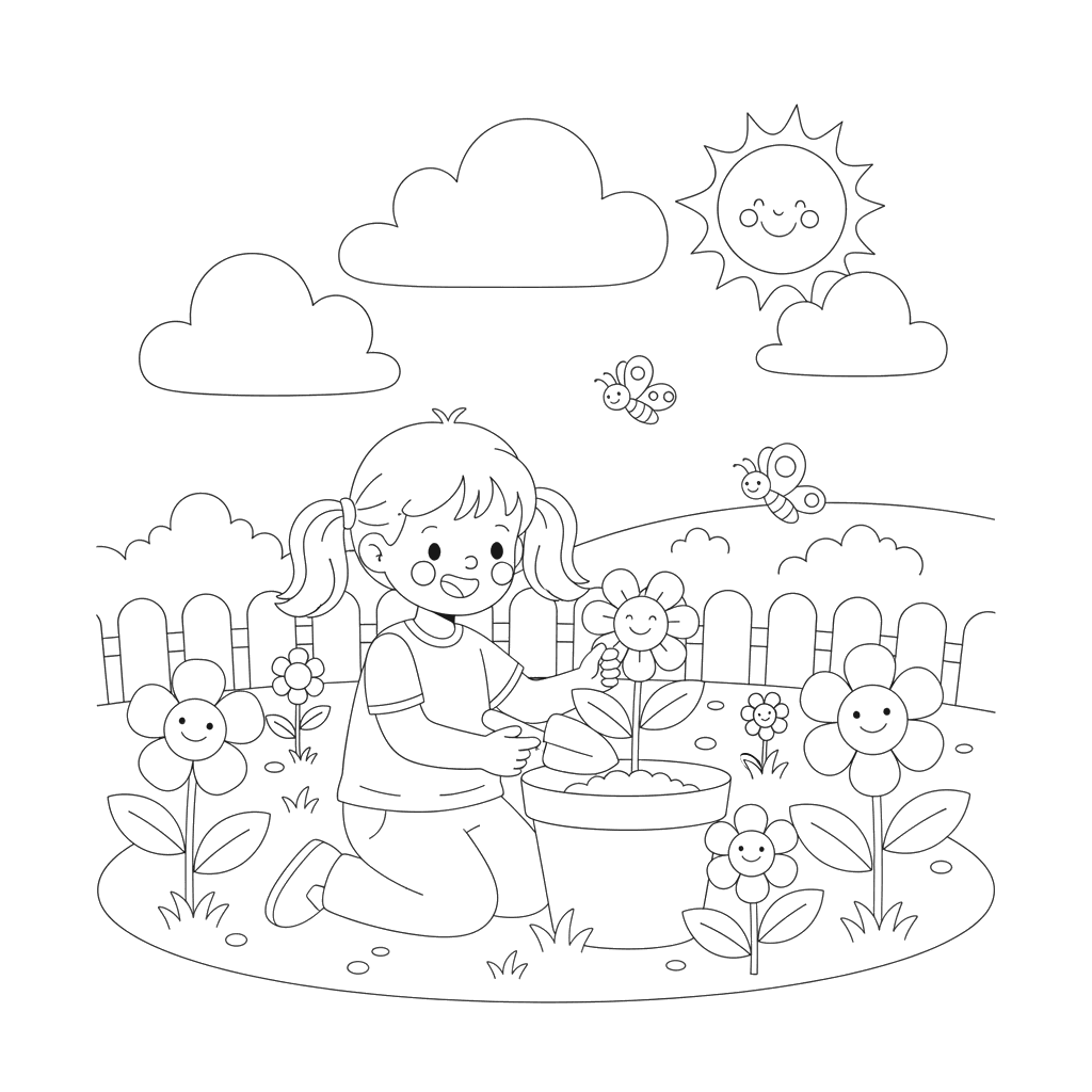 Girl Planting Flowers Coloring Page