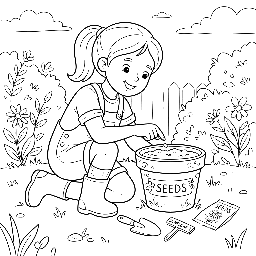 Girl Planting Seeds in a Pot Coloring Page