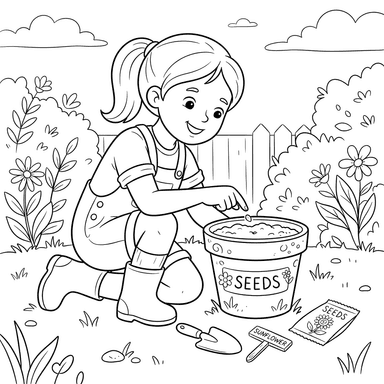 Girl Planting Seeds in a Pot Coloring Page